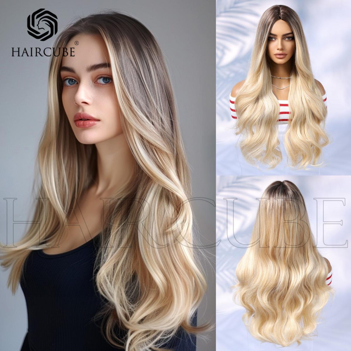 假发欧美女士外贸新棕色渐变中分白金色长卷发化纤发玫瑰网全头套