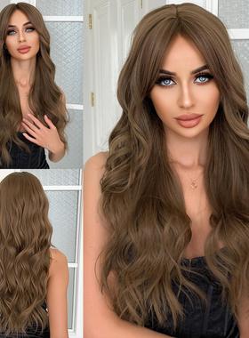 欧美风假发中分刘海深棕色大波浪长卷发28inch全头套厂家wig