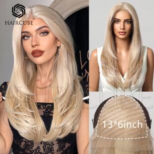 13*6大面积蕾丝假发进口丝中分浅金色挑染自然全头型头套跨境欧美