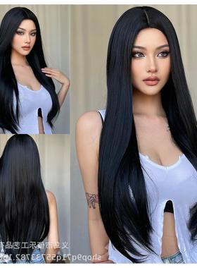 跨境假发黑色中分长直发全头套顺滑自然玫瑰网厂家现货wigs