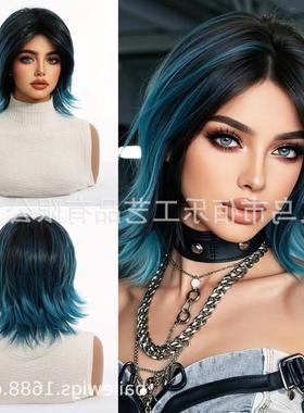 蓝色假发短款卷发耐高温发丝节日款cos全头套现货wigs