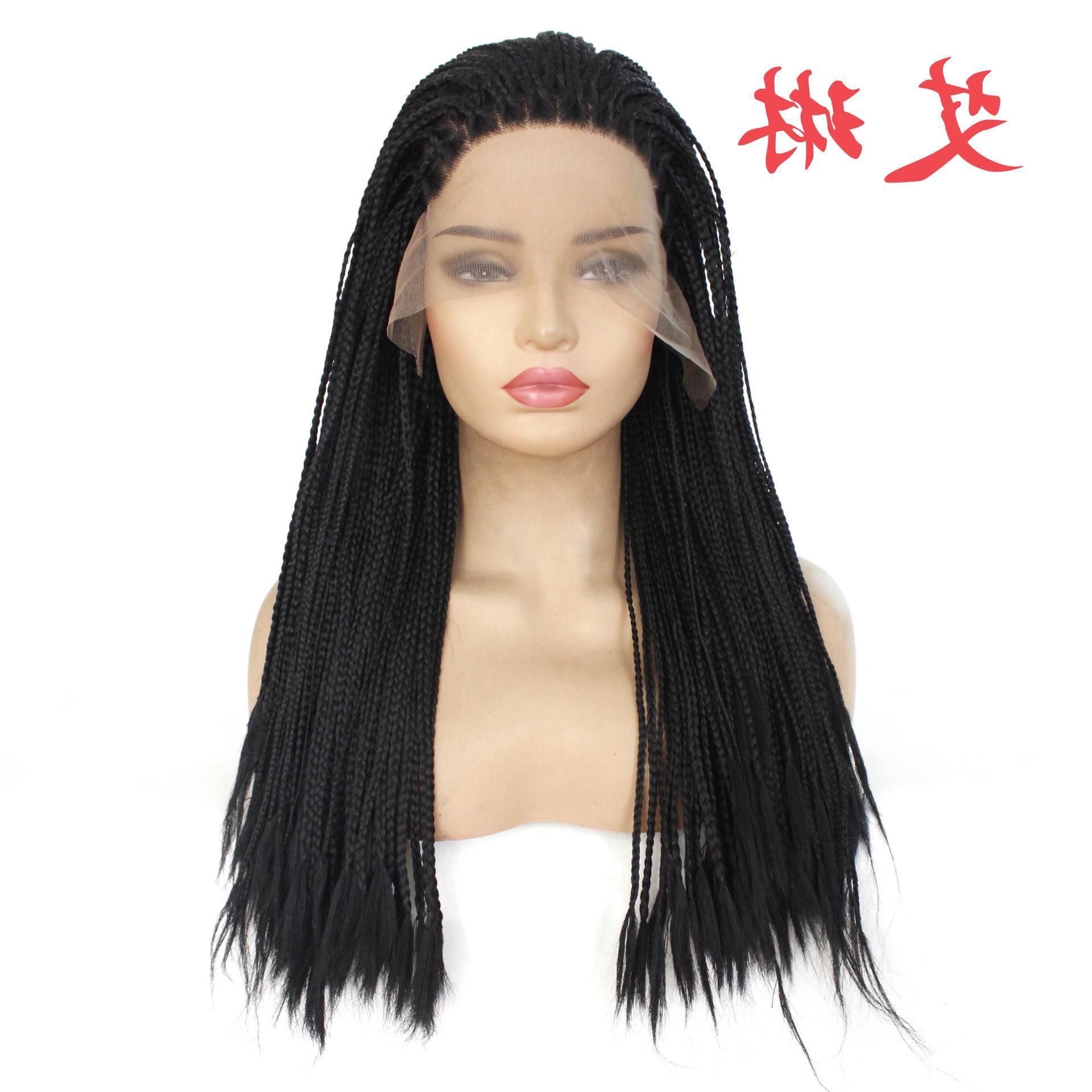 欧美女士经典黑色三股辫子雷鬼头假发 化纤前蕾丝半手织头套外贸