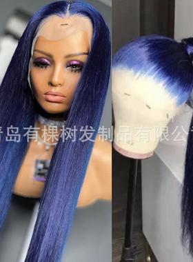 欧美时尚假发女前蕾丝深蓝色长直发化纤假发头套wigs工厂
