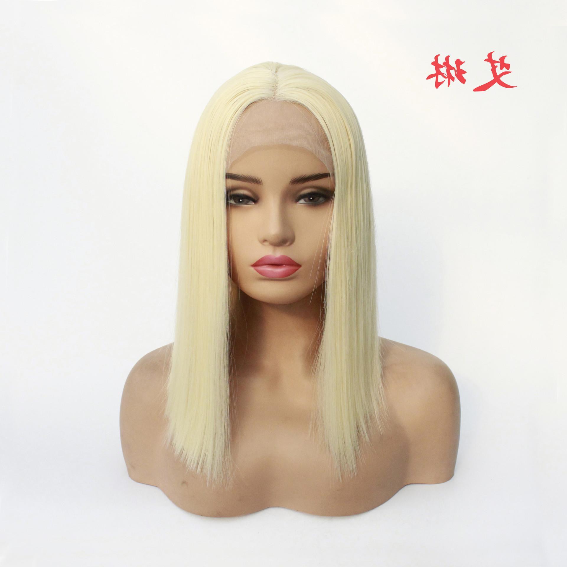 外贸出口中分齐肩短直发613#淡金色前蕾丝化纤半手钩假发头套