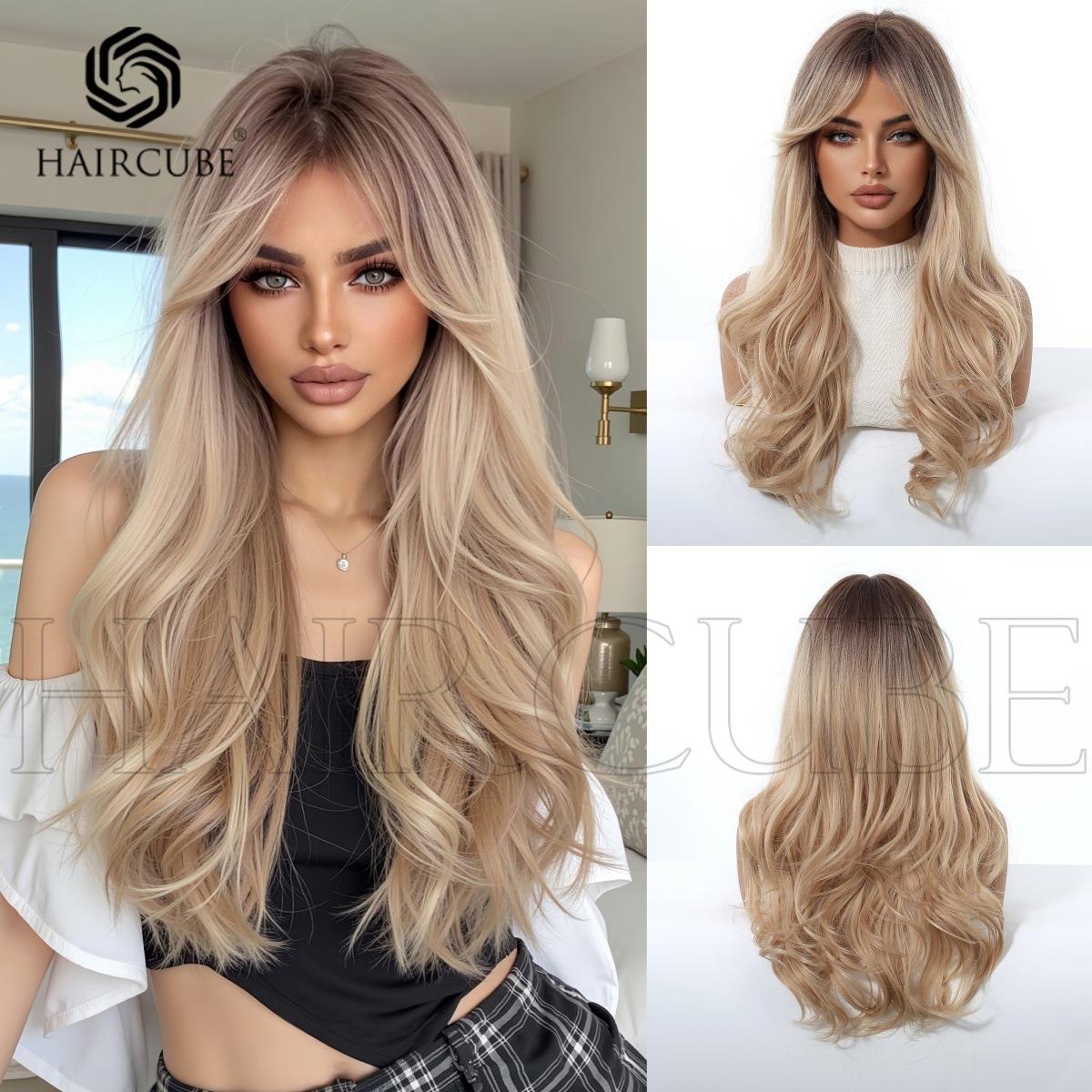 欧美时尚长卷发渐变八字刘海渐变金色化纤假发女头套现货工厂