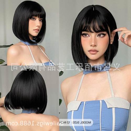 跨境假发齐刘海黑色波波头bobo短发自然日常化纤丝厂家现货wigs