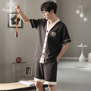 Huggy Kissy男士夏季薄款纯棉睡衣卡通小熊V领短袖短裤家居服套装