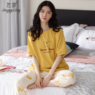 Huggy Kissy女夏季全棉短袖七分裤圆领睡衣薄款舒适家居服套装