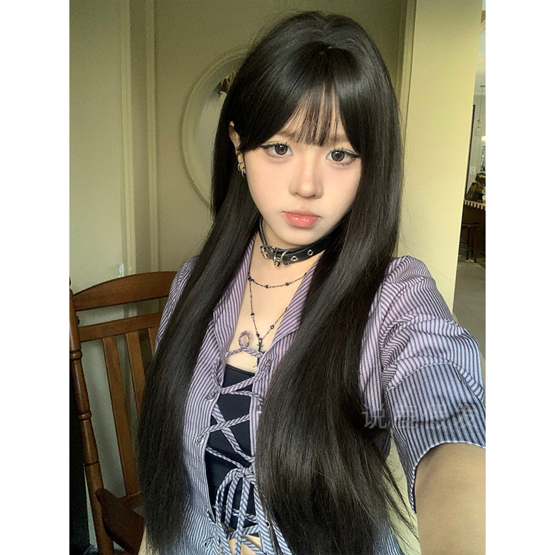 说鹿假发女黑棕色长直发圆脸自然全头套