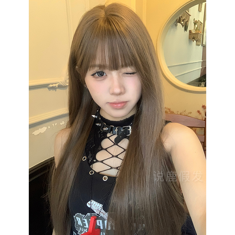 说鹿假发女日常网红蜜茶色齐刘海长直发韩系甜美自然jk全头套假发