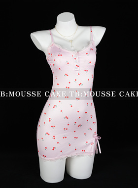 性感纯欲小胸带胸垫紧身樱桃粉吊带睡裙御姐情侣约会制服晴趣qqny