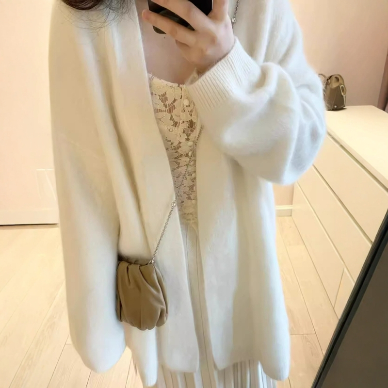 白色奶fufu仿水貂绒长袖软糯慵懒毛衣外套女秋冬季中长款针织开衫