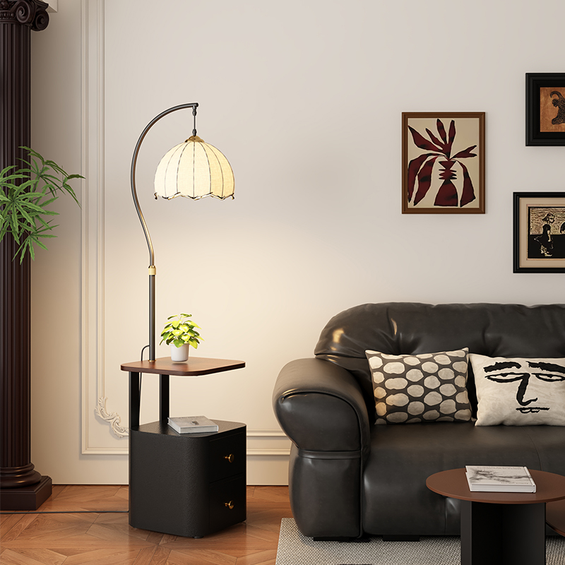 中古风落地灯氛围置物边几客厅沙发旁装饰卧室床头一体床头柜灯具