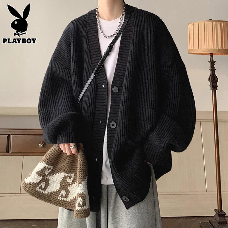 花花公子黑色针织开衫男秋冬季2024新款复古男生宽松慵懒毛衣外套