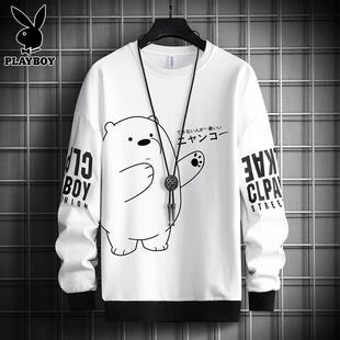 花花公子卫衣男士潮流宽松小熊印花衣服春秋季新款帅气长袖t恤男