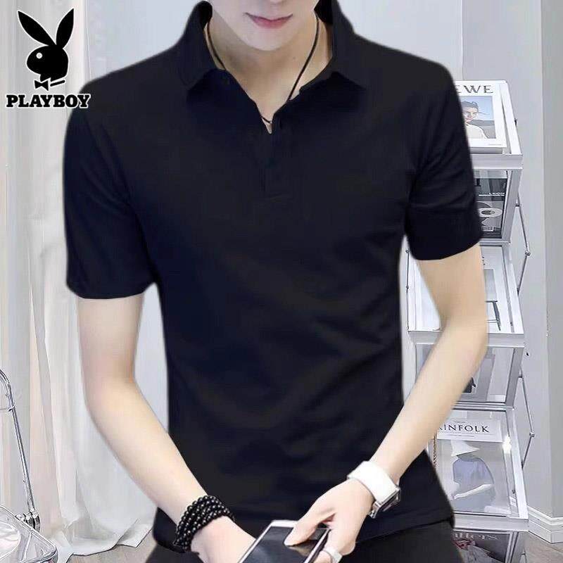 花花公子黑色短袖t恤男士半袖上衣服夏季薄款休闲纯棉翻领Polo衫