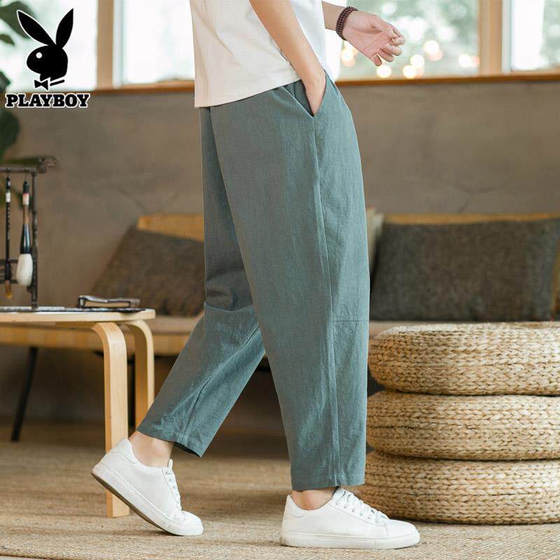 花花公子纯棉裤子男士宽松直筒九分裤春季新款潮流休闲哈伦长裤男