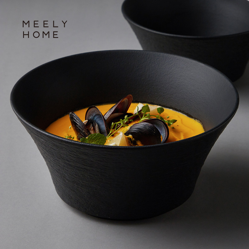 meelyhome汤碗家用高级感碗公釉下彩餐具商用黑色面碗陶瓷大汤碗