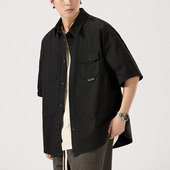 外套 新款 夏季 吾一白 衬衫 薄款 宽松黑色休闲工装 短袖 男生美式 男士