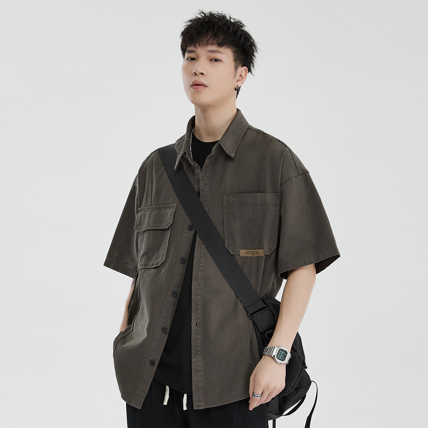 吾一白春秋季新款男生美式宽松休闲衬衣男士短袖衬衫工装上衣外套