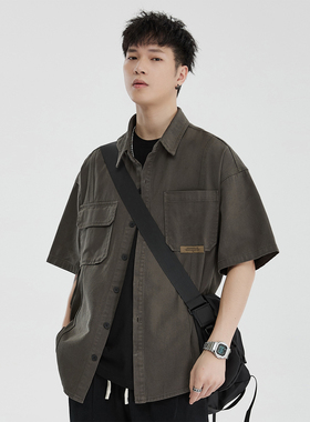 吾一白春秋季新款男生美式宽松休闲衬衣男士短袖衬衫工装上衣外套