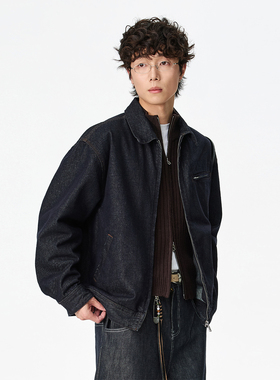 吾一白春秋季男生美式宽松翻领原牛长袖牛仔夹克男士休闲拉链外套