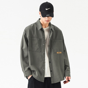 2026男生美式 休闲长袖 复古工装 外套男士 纯棉衬衣 衬衫 吾一白春秋季