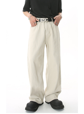 吾一白春秋2026新款男生美式高街直筒宽松水洗杏色牛仔裤男士裤子