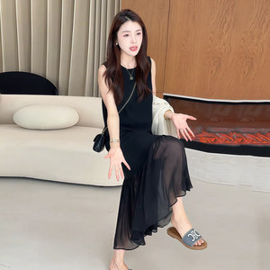 黑色法式高级感网纱拼接醋酸无袖连衣裙女夏赫本风设计感背心长裙