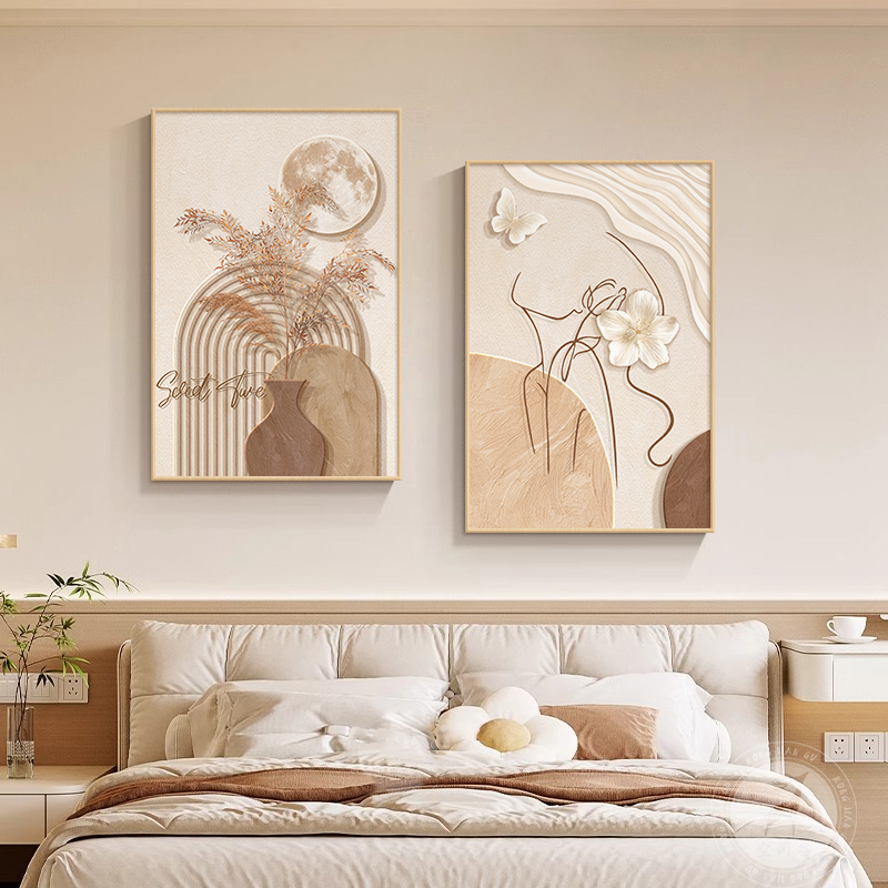 原木风床头画卧室挂画莫兰迪治愈系主卧壁画奶油风餐厅组合装饰画