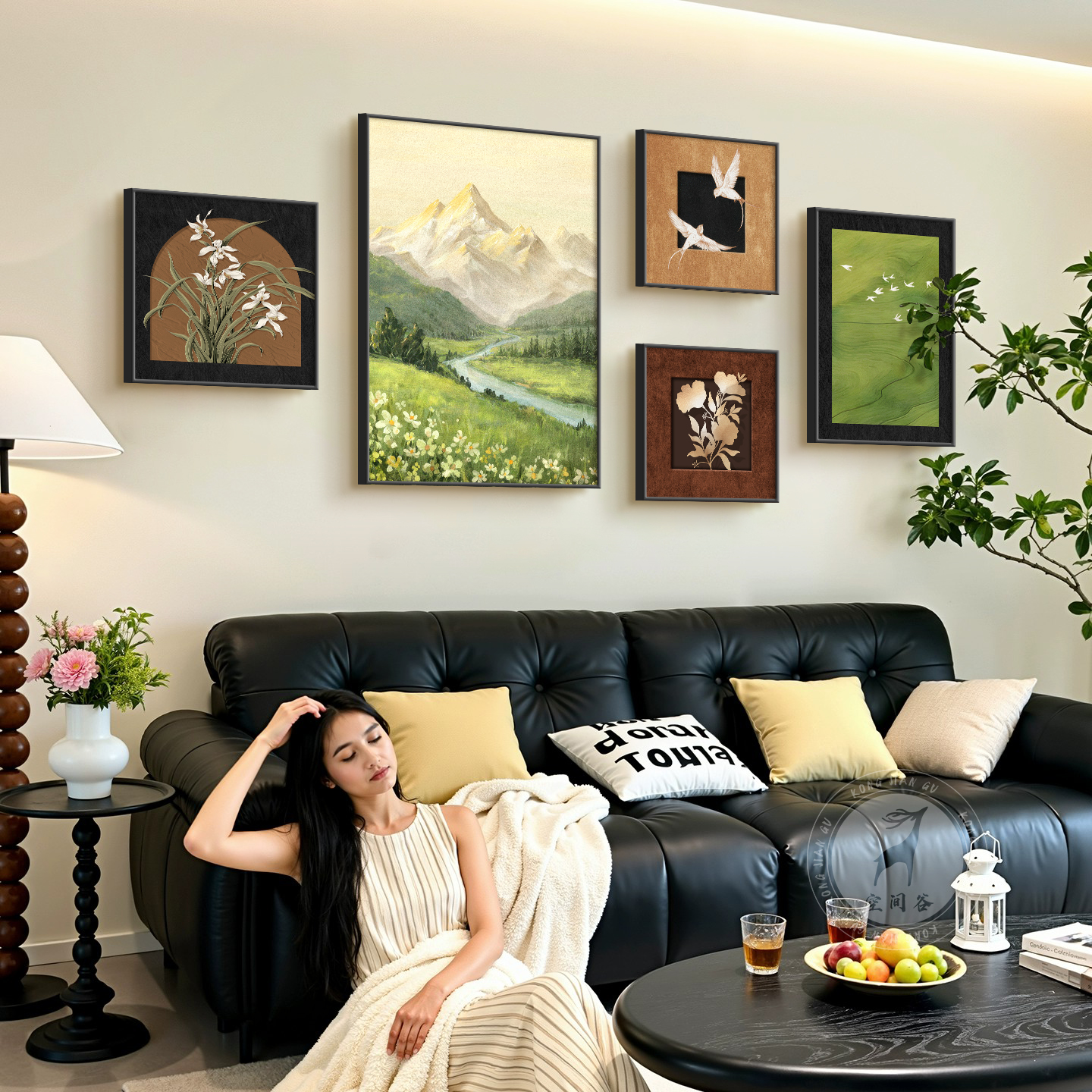 中古风山水客厅装饰画寓意好沙发背景墙壁画法式覆古日照金山挂画