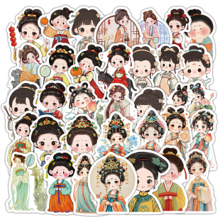 60张古风侍女贴纸Q版古代美人中国风女孩儿童装饰行李箱防水贴画