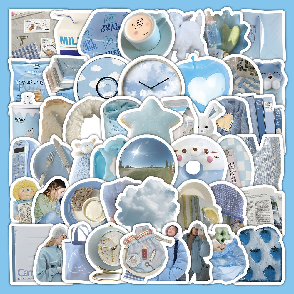 360张ins风蓝色系贴纸韩系简约文艺图案装饰手机壳行李箱防水贴画