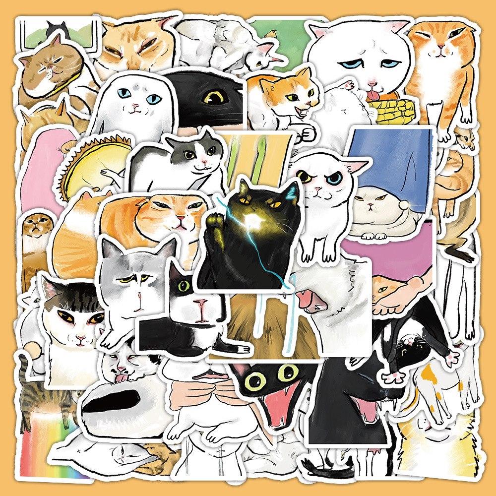 60张搞怪小猫贴纸 手绘卡通喵星人抽象沙雕表情包手机壳装饰贴画