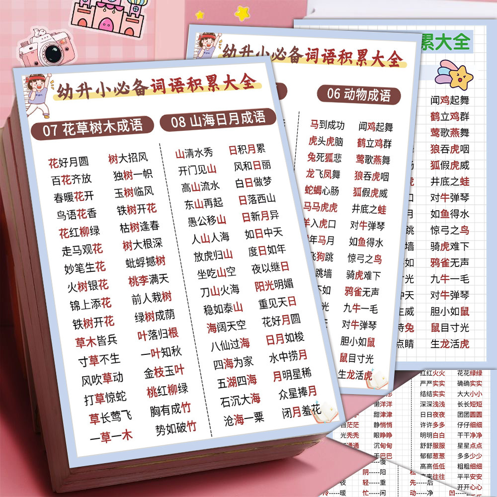 6张幼升小词语积累贴纸分类整理成语方便记忆运用素材装饰防水贴
