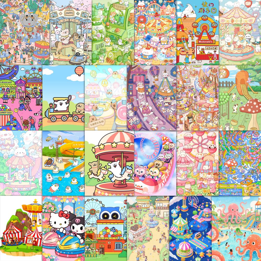 63张游乐园插画贴纸可爱卡通动物装饰手机壳水杯电脑防水贴画diy