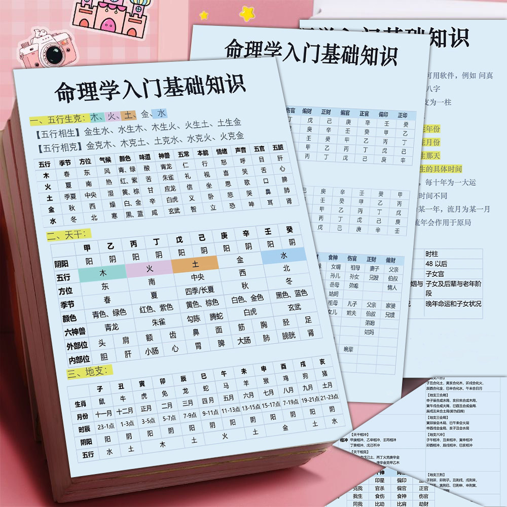 6张简易知识贴纸命理学入门基础知识五行相生相克天干地支防水贴