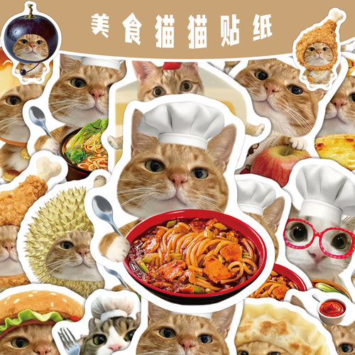120张原创新品美食猫猫meme贴纸可爱创意写实小猫咪装饰diy贴画