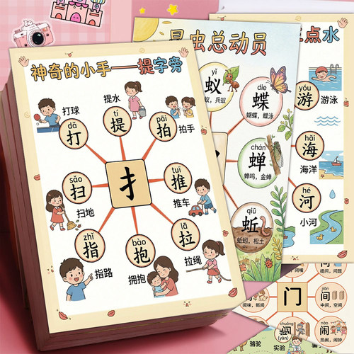 6张幼儿识字启蒙贴纸幼小衔接偏旁部首学习素材轻松识字防水贴画