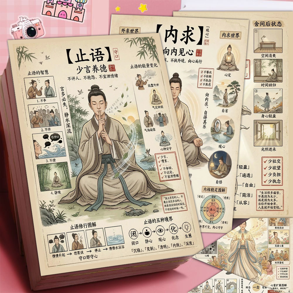 6张悄悄积德的6个方法贴纸国风中式修身主题的手账素材防水贴画