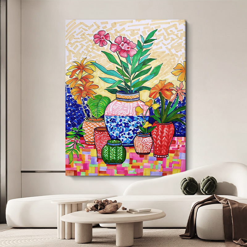 抽象多巴胺色彩花卉手绘油画客厅玄关植物装饰画餐厅小众艺术挂画图片