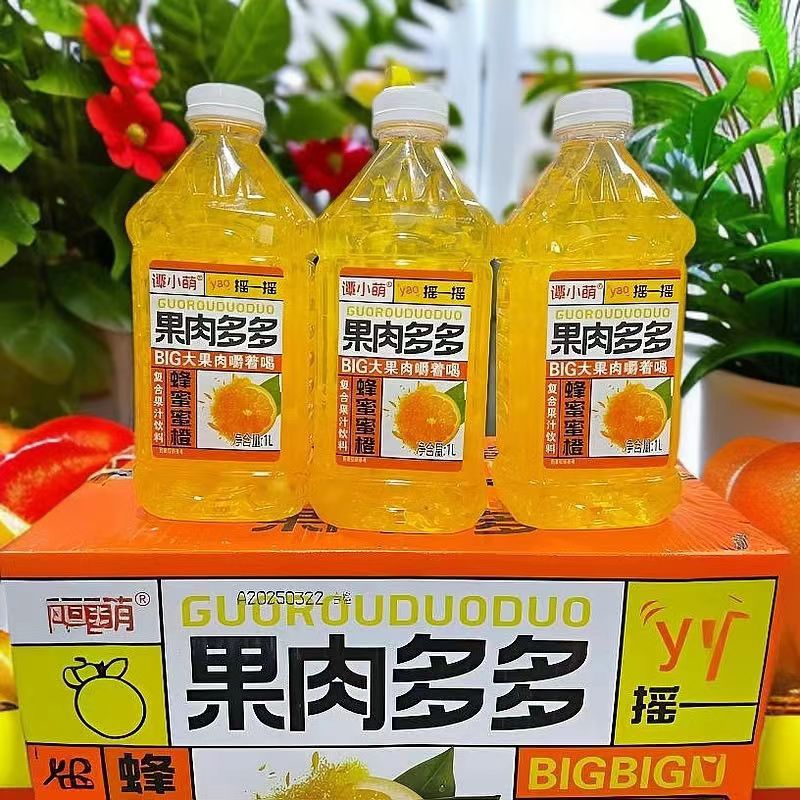 果肉多多果肉果汁大瓶饮料大果粒蜂蜜蜜橙味复合果味果汁1升装