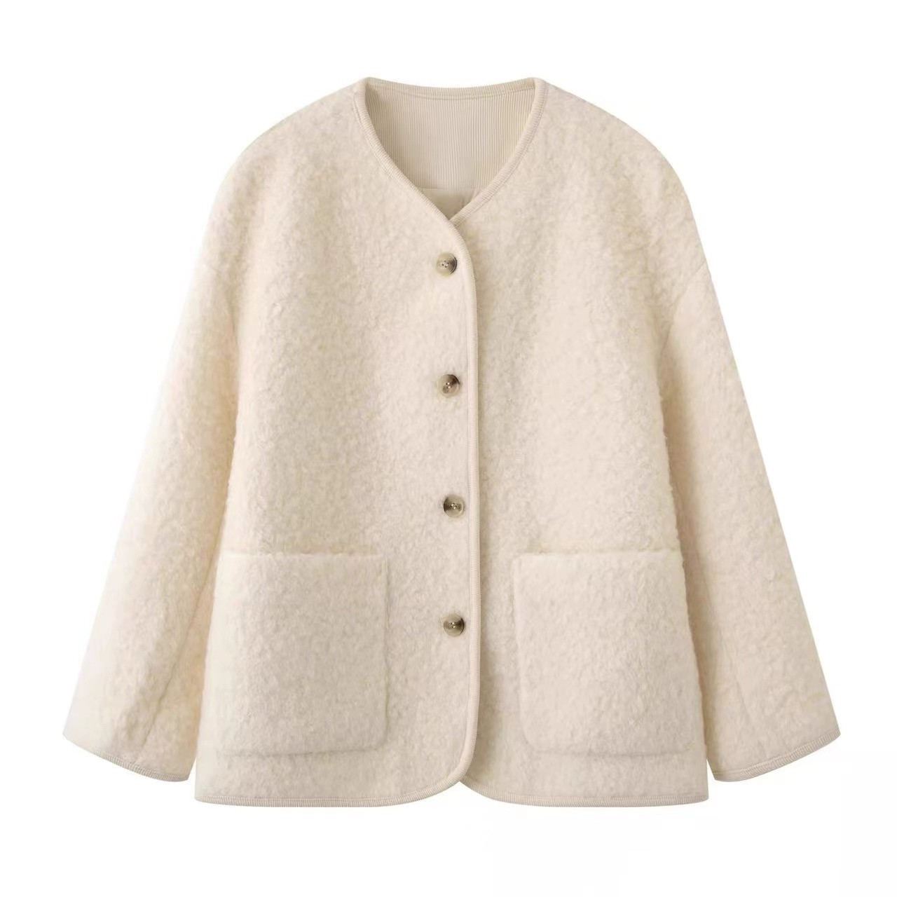 宽松V领纯色羊羔毛外套女