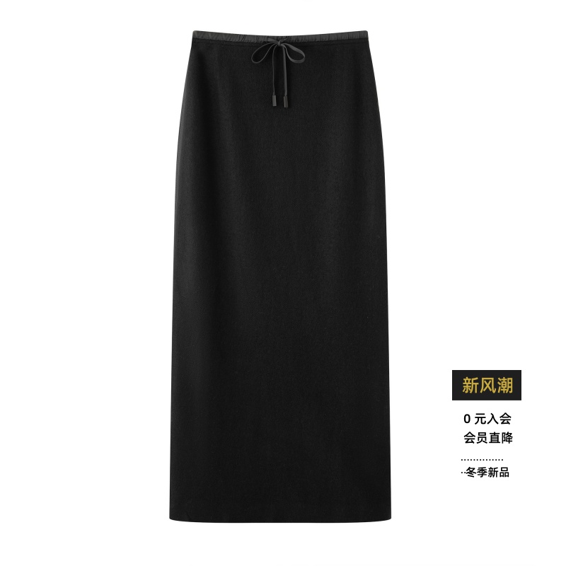 时尚中长款黑色高腰开叉半身裙