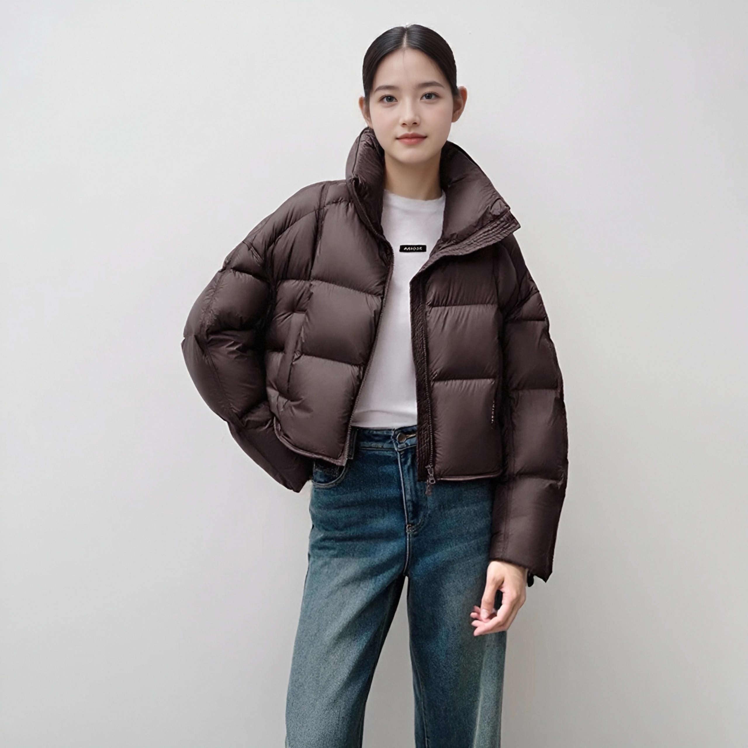 新款百搭立领短款面包服羽绒服女