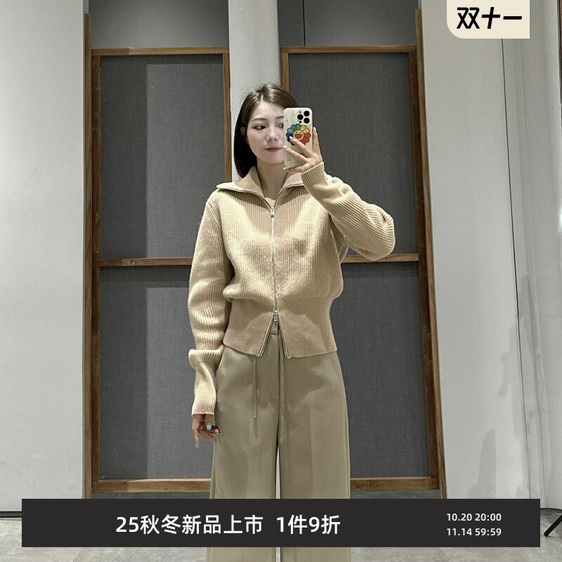 绵羊毛针织开衫女高领短款简约