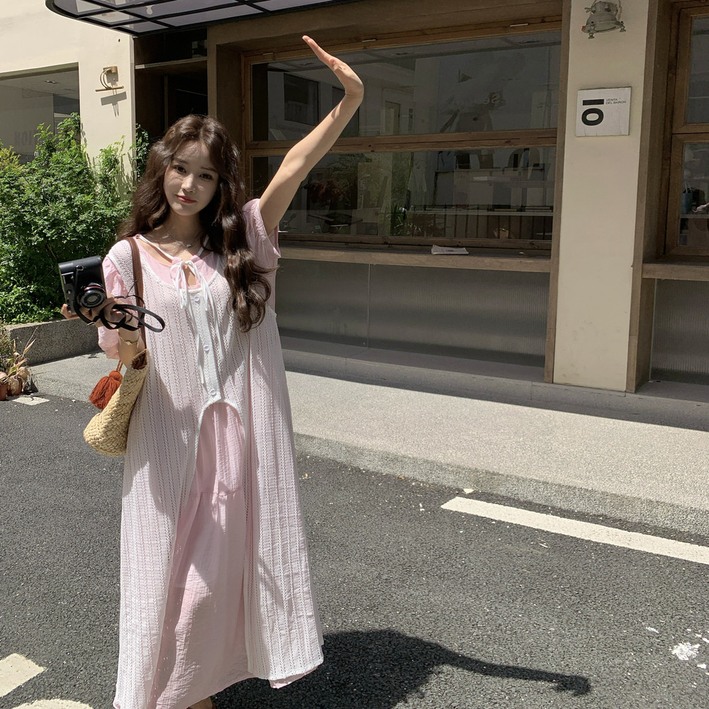 慵懒风松弛感穿搭罩衫套装女夏2025超火好看泡泡袖宽松长裙两件套图片