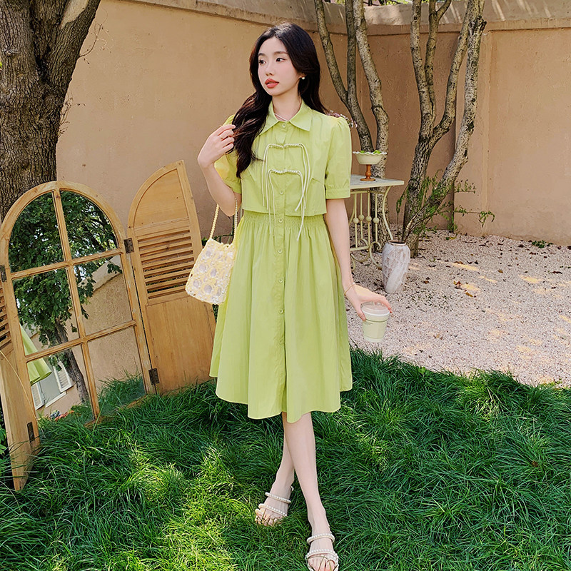 绿色新中式国风假两件连衣裙女夏季2024新款小个子甜美减龄衬衫裙,女装连衣裙,浙宝B馆111（原065）