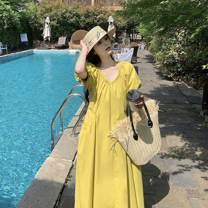 法式度假风黄色连衣裙女2026夏季新款A字泡泡袖v领时尚气质中长裙,女装连衣裙,浙宝B馆111（原065）