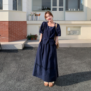 藏青色泡泡袖上衣半身裙套装女2025夏季新款法式时尚显瘦两件套裙图片